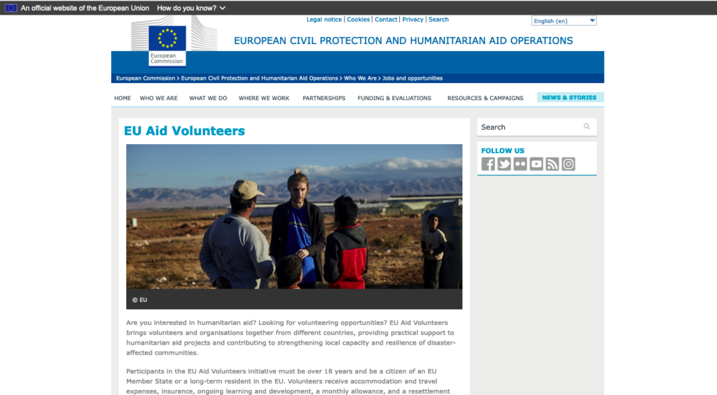 EU Aid Volunteers pagina ufficiale