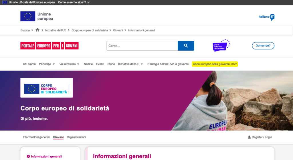 schermata portale europeo per i giovani